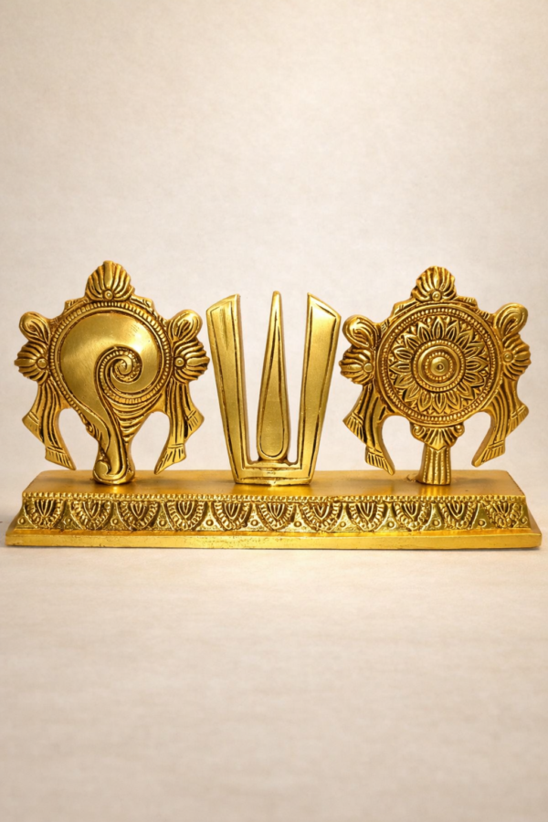 Golden Shankh Chakra Tilak religious showpiece for home temple decor