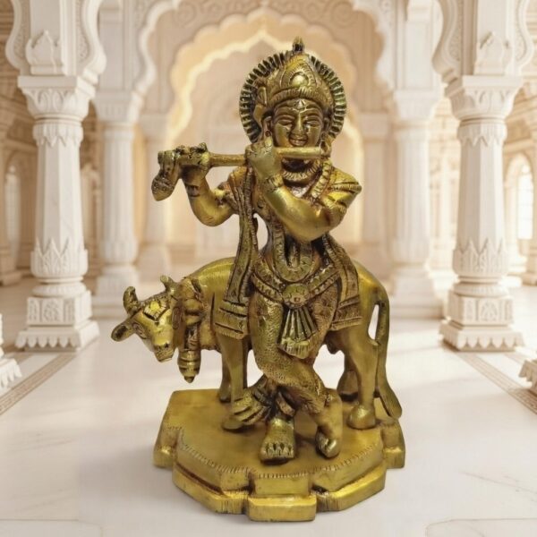 Premium Brass Krishna Idol with Cow