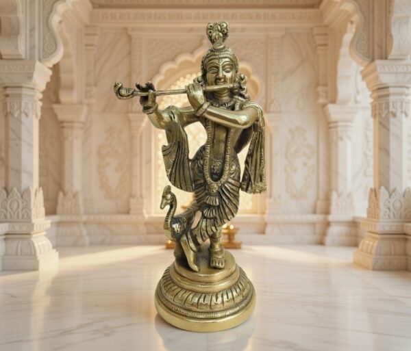 Premium Brass Lord Krishna Flute Idol with Peacock